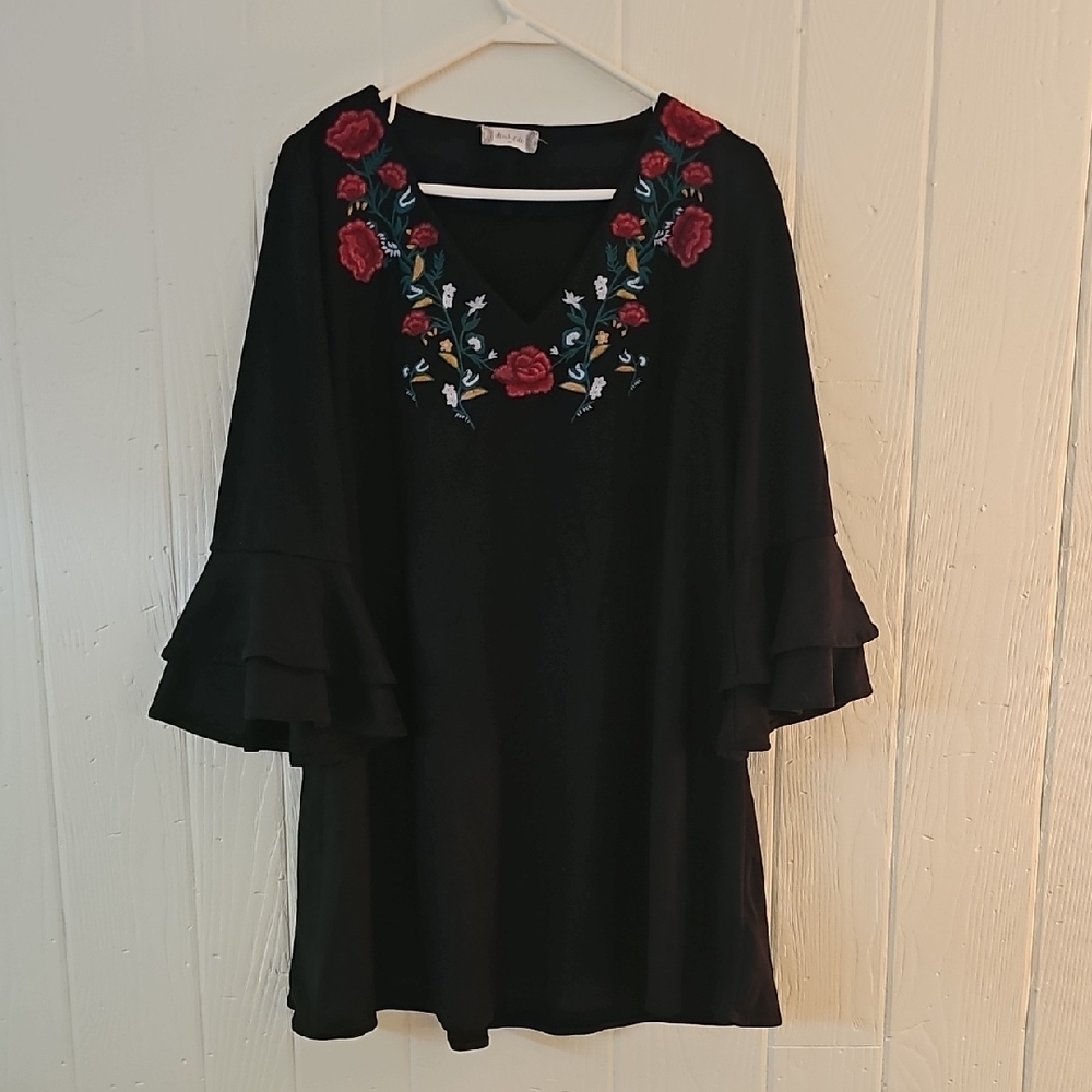 Altar'd State Black Mini Dress with Floral Embroidery